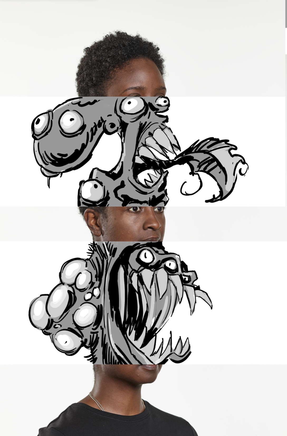 A composite image with four horizontal sections, showing parts of different photos. The top and bottom sections show the head and shoulders of a woman with dark skin and short curly hair, wearing a black shirt. The middle sections contain black-and-white illustrated monsters with multiple eyes, sharp teeth, and exaggerated features, overlapping with the woman's face.