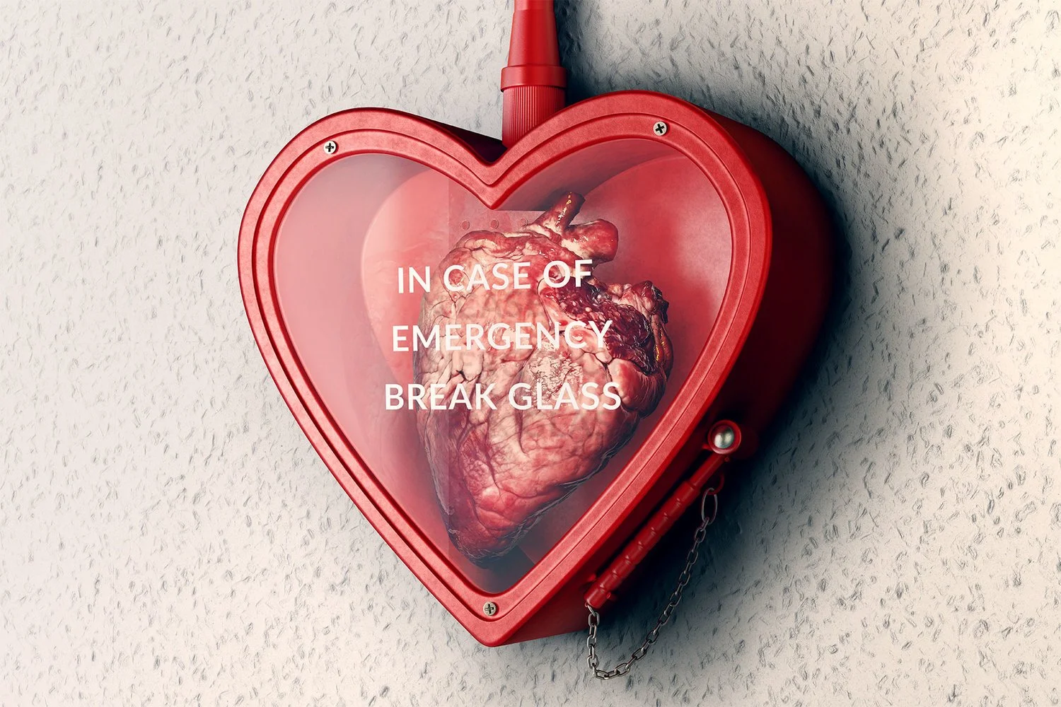 Heart inside a red emergency box with clear glass, with text that reads, 'In case of emergency break glass'.