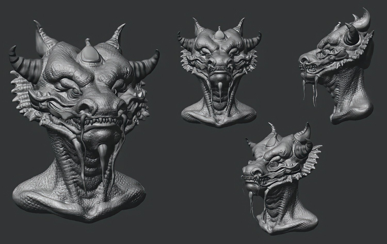Four views of a sculpted dragon character head, showing horns, scales, teeth and facial detail.
