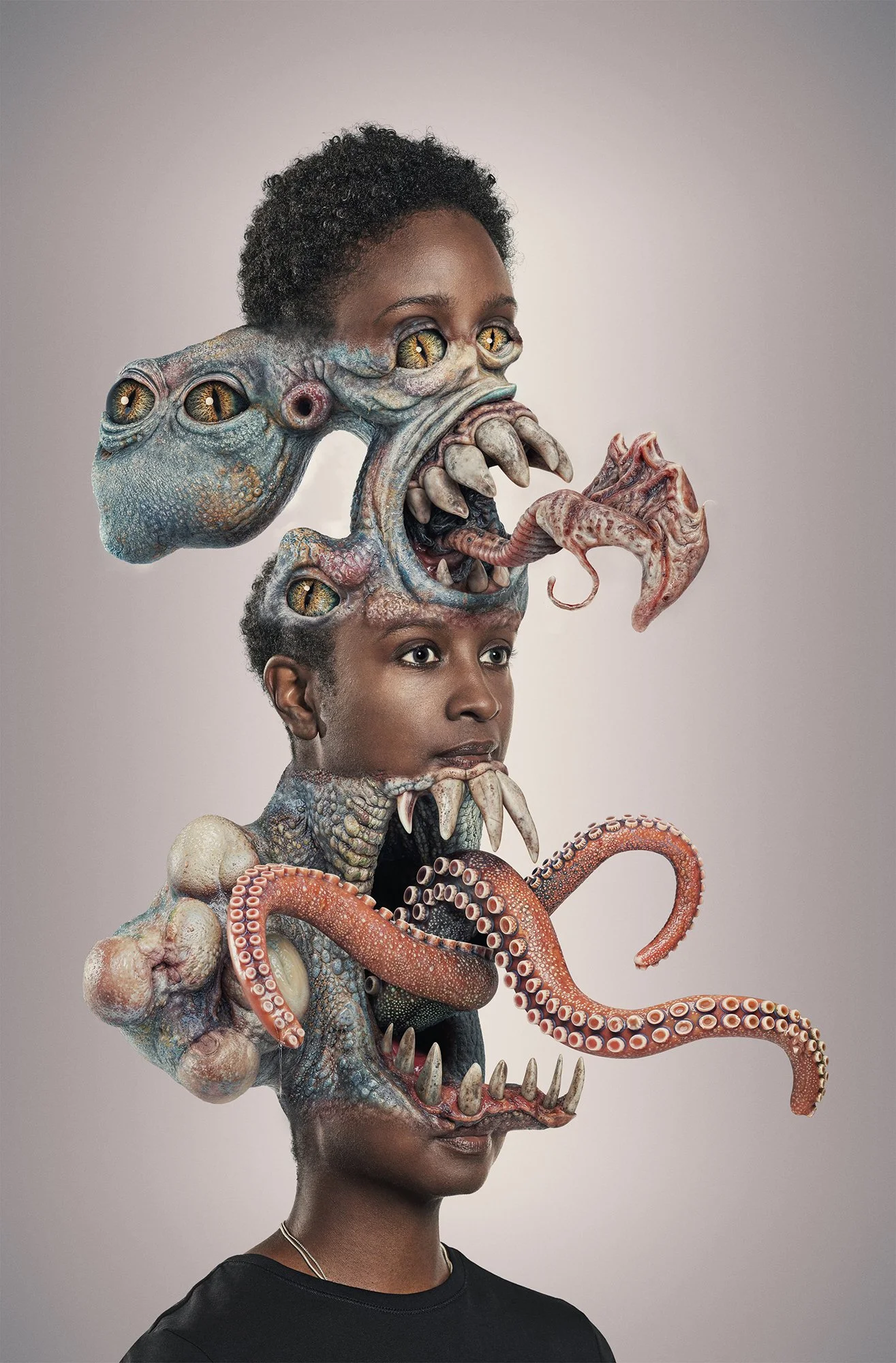 A person with digital composite creature features, blending human faces with various monstrous, alien, and sea creature elements, such as multiple eyes, tentacles, teeth, and a dragon-like head.