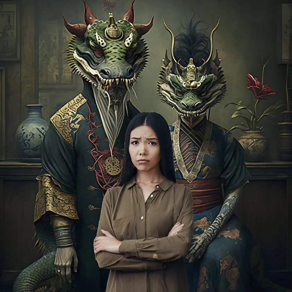 AI-assisted concept image of a person with folded arms standing in front of two dragon-like relatives.
