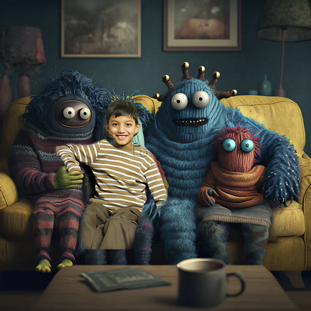 AI-assisted concept image of a child seated with three colourful woolly creatures on a yellow sofa.