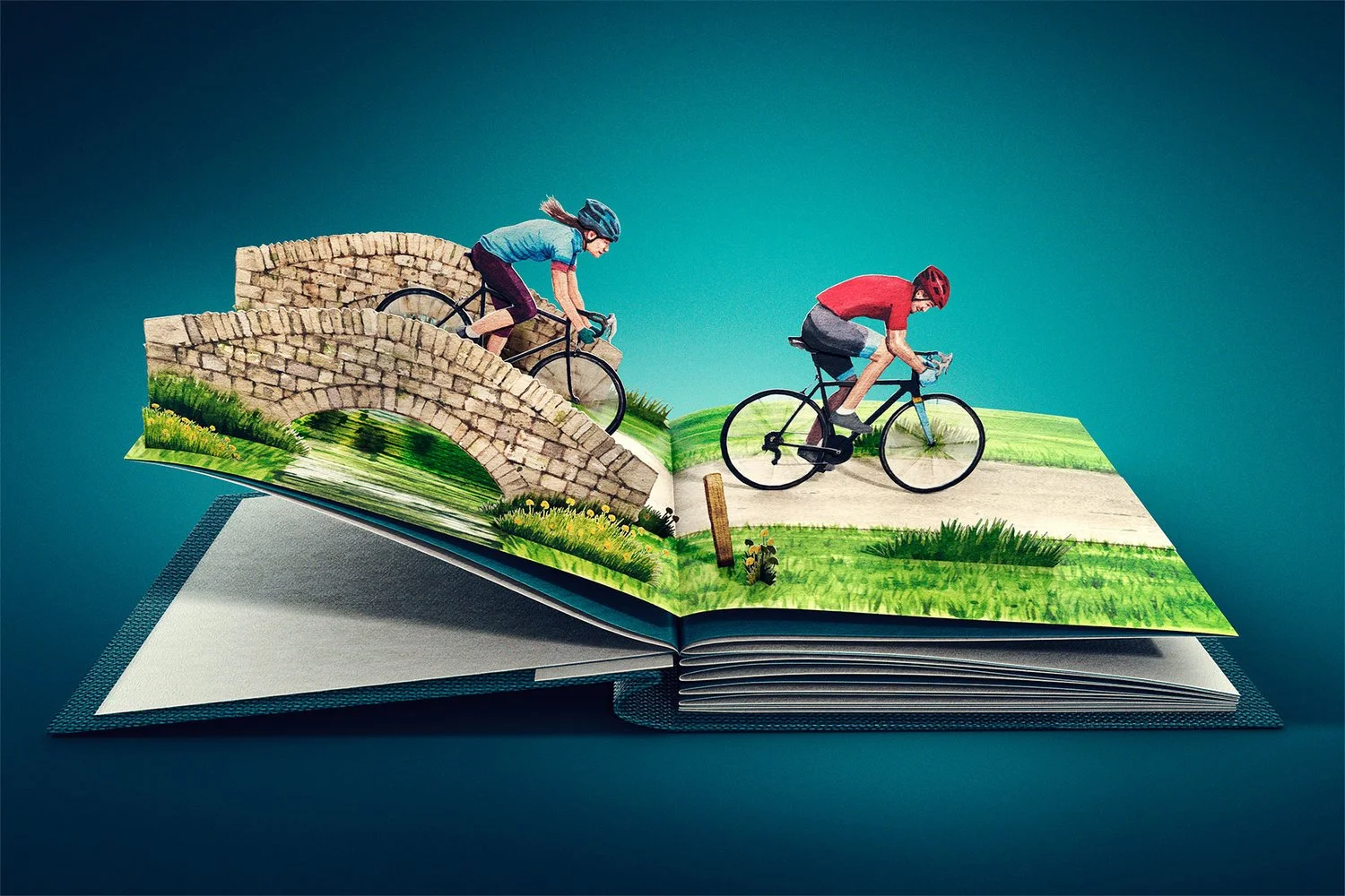 A pop-up book with three-dimensional illustrations of two children riding bikes on a bridge and pathway, with grass and water scenery.