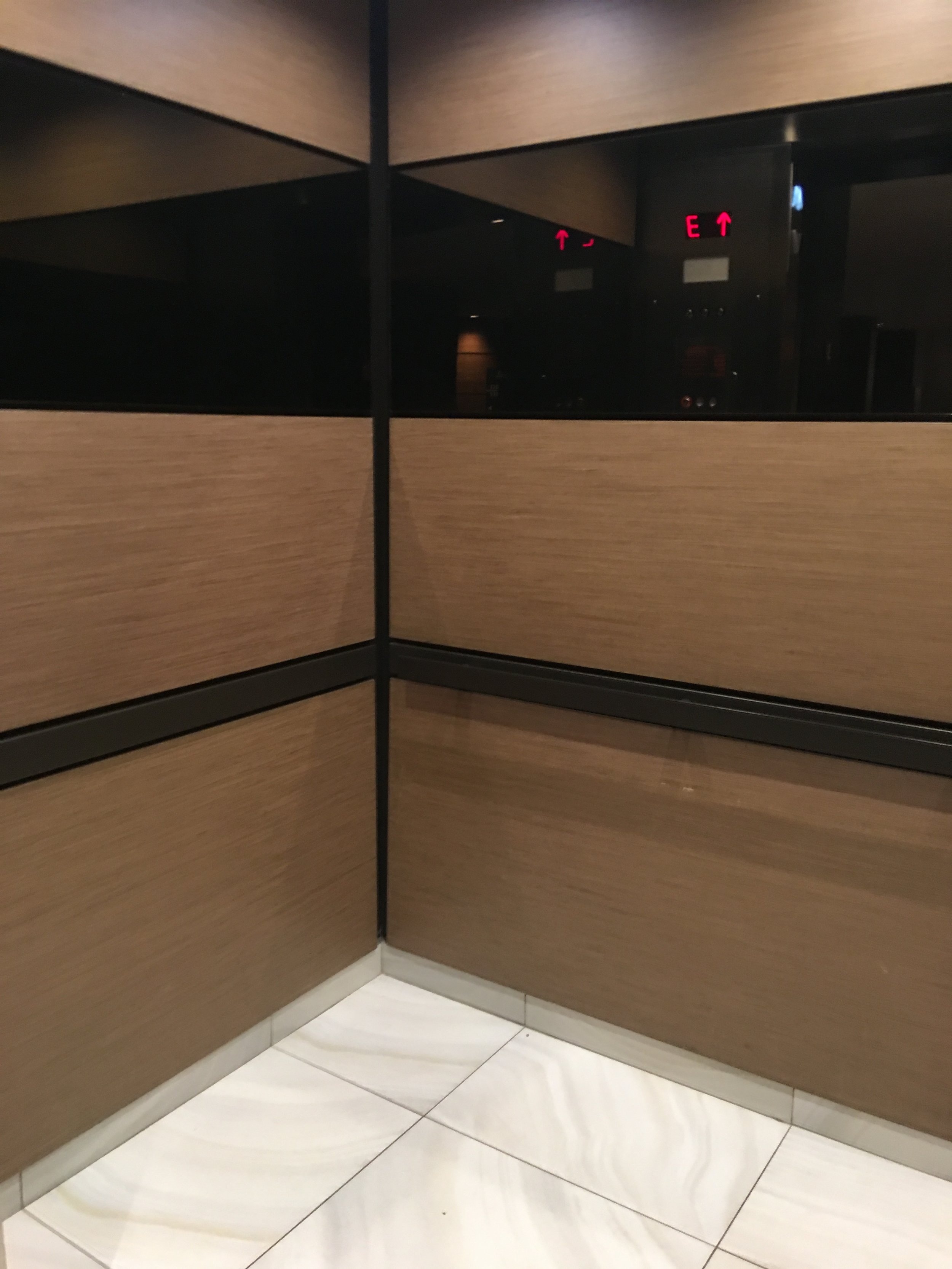 AC Hotel - Installed wood veneer wall panels with black mirror accent panels, powder coated reveals and handrail with tile flooring.