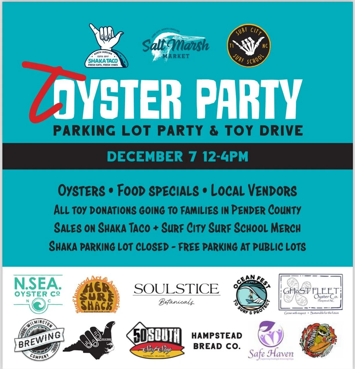 Help us fill our parking lot with TOYS for fellow families in our county! 

Toy drive, oysters, local vendors, cold beer, good friends, good times. 

More info to come, but mark those calendars! 

#surfcity #community #parkinglotparty #angeltree