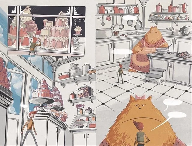 A look inside the graphic novel! ✨ Just a normal day at Grumble’s Bakery!