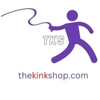 Purple Stick figure like person using a whip in their left hand with the kink shop website below it