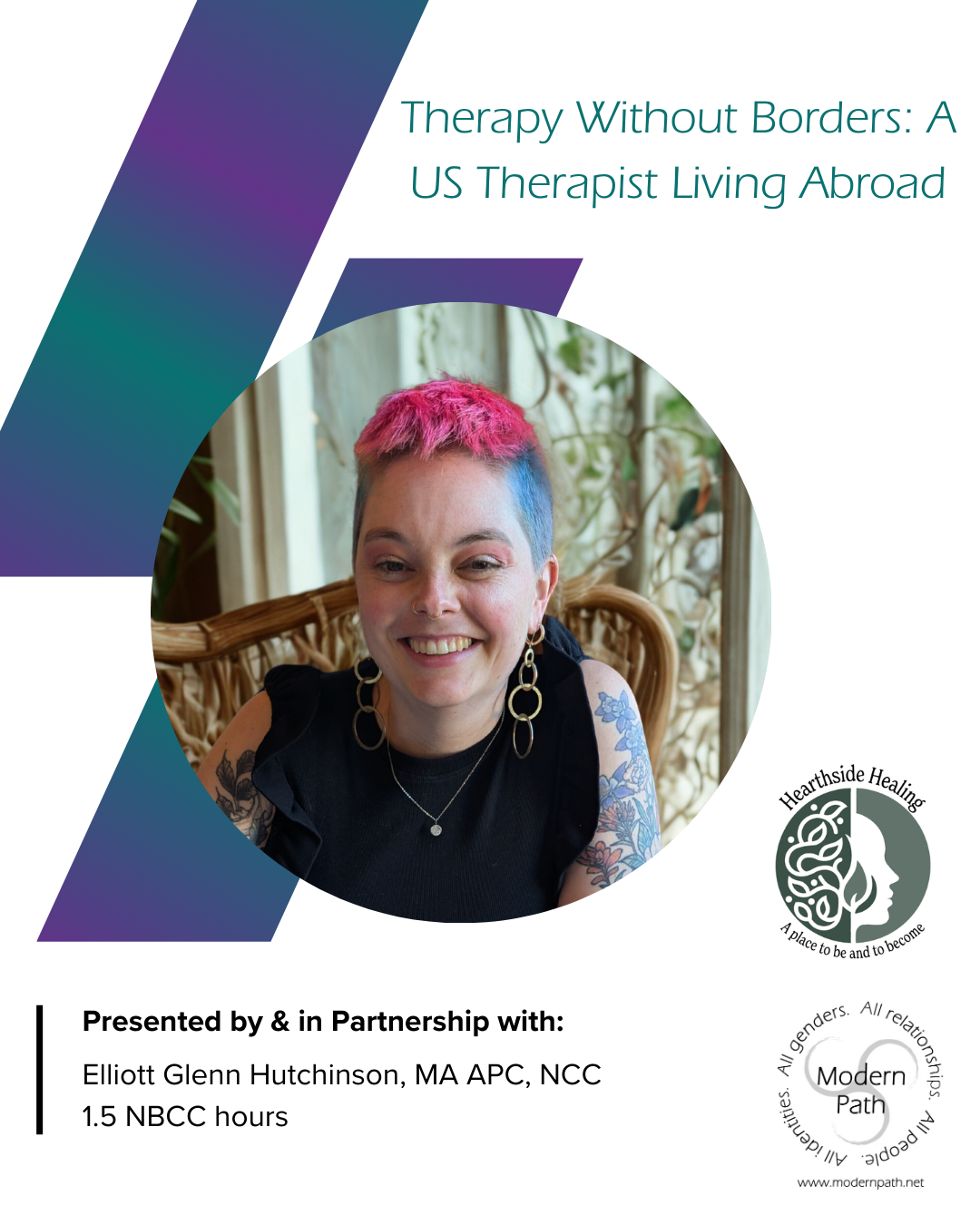 Image of Elliott about their upcoming class therapy without borders. Pink and blue hair. Green background. NBCC. queer