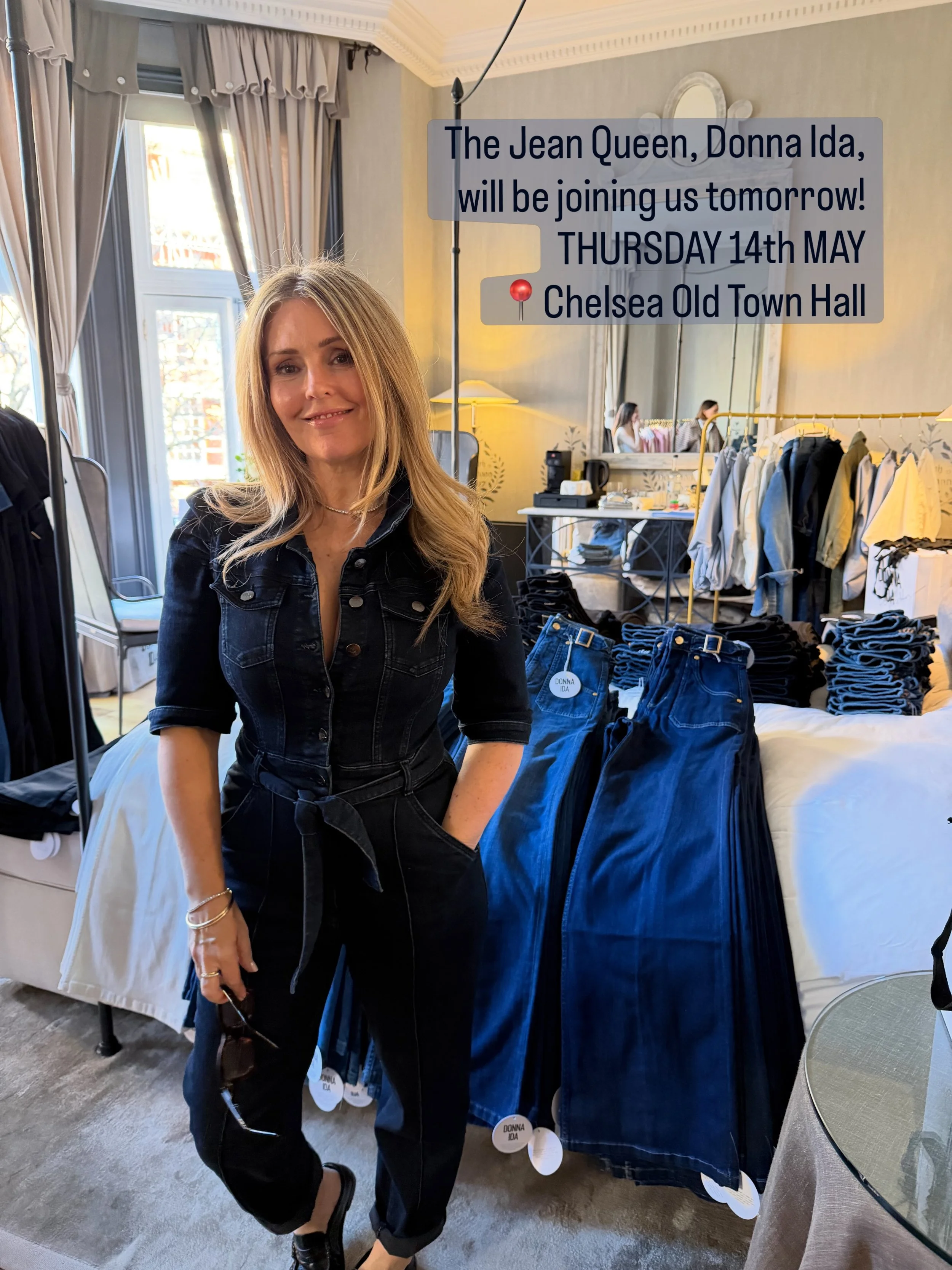 The woman behind the denim. 🖤 Donna Ida herself will be at our Spring Shopping Event tomorrow (this Thursday) &mdash; come and meet her and find your next favourite pair.  Entry is FREE 
📍Thursday 14th MAY
📍Chelsea Old Town Hall
📍10am - 7pm
📍FRE
