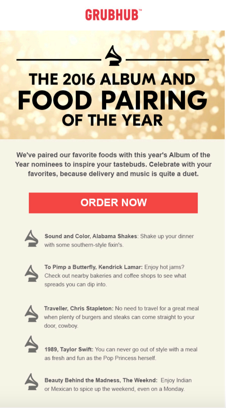 Grubhub Grammy Pairing Email 