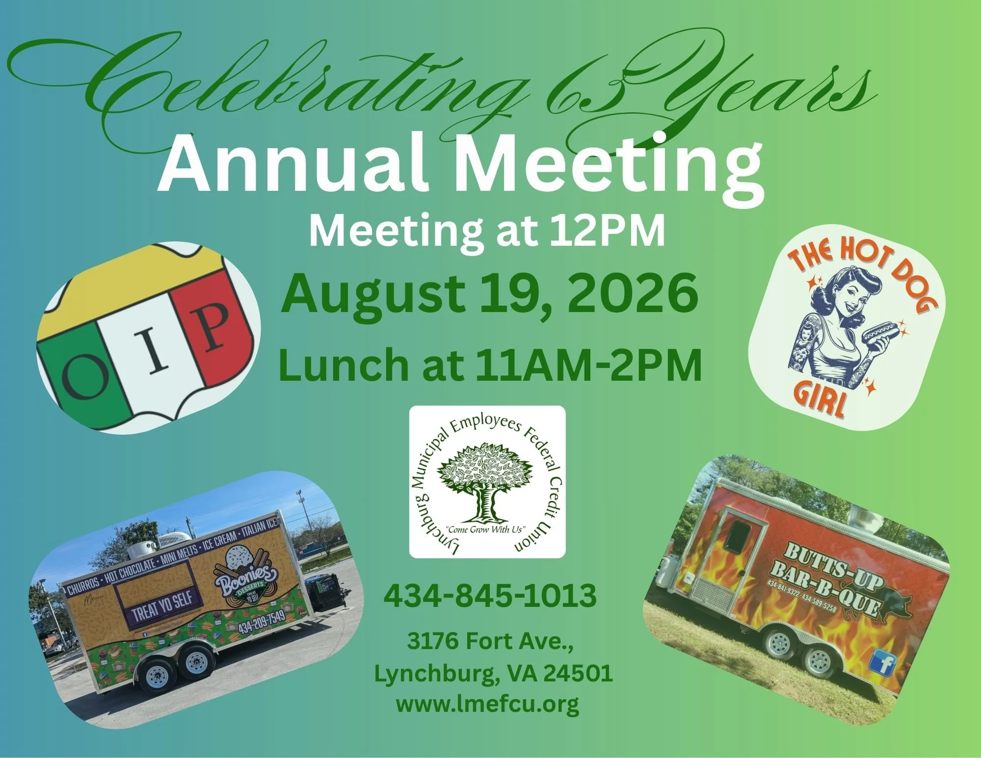Lynchburg Municipal Employees FCU Annual Meeting celebrating 65 years on August 19, 2026. Lunch 11AM-2PM, meeting at 12PM at 3176 Fort Ave., Lynchburg, VA. Features food from OIP, The Hot Dog Girl, Boonies Desserts, and Butts-Up Bar-B-Que.