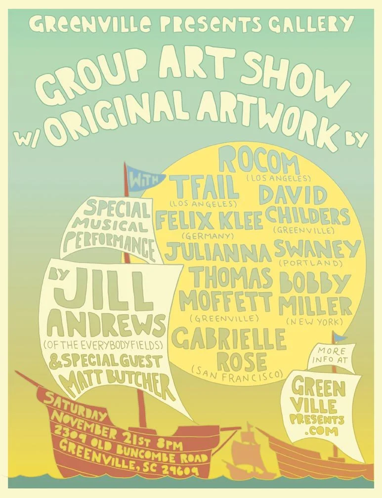 My paintings are going to be in a gallery starting November 21st. The gallery is called Greenville Presents and is located in Greenville, South Carolina. Do any of you internet folks live around there? Let me know . You can also buy one of my paintings there. Which is scary because I like holding them once in a while (for old times sake).
PS. Thanks Erica for the invite.