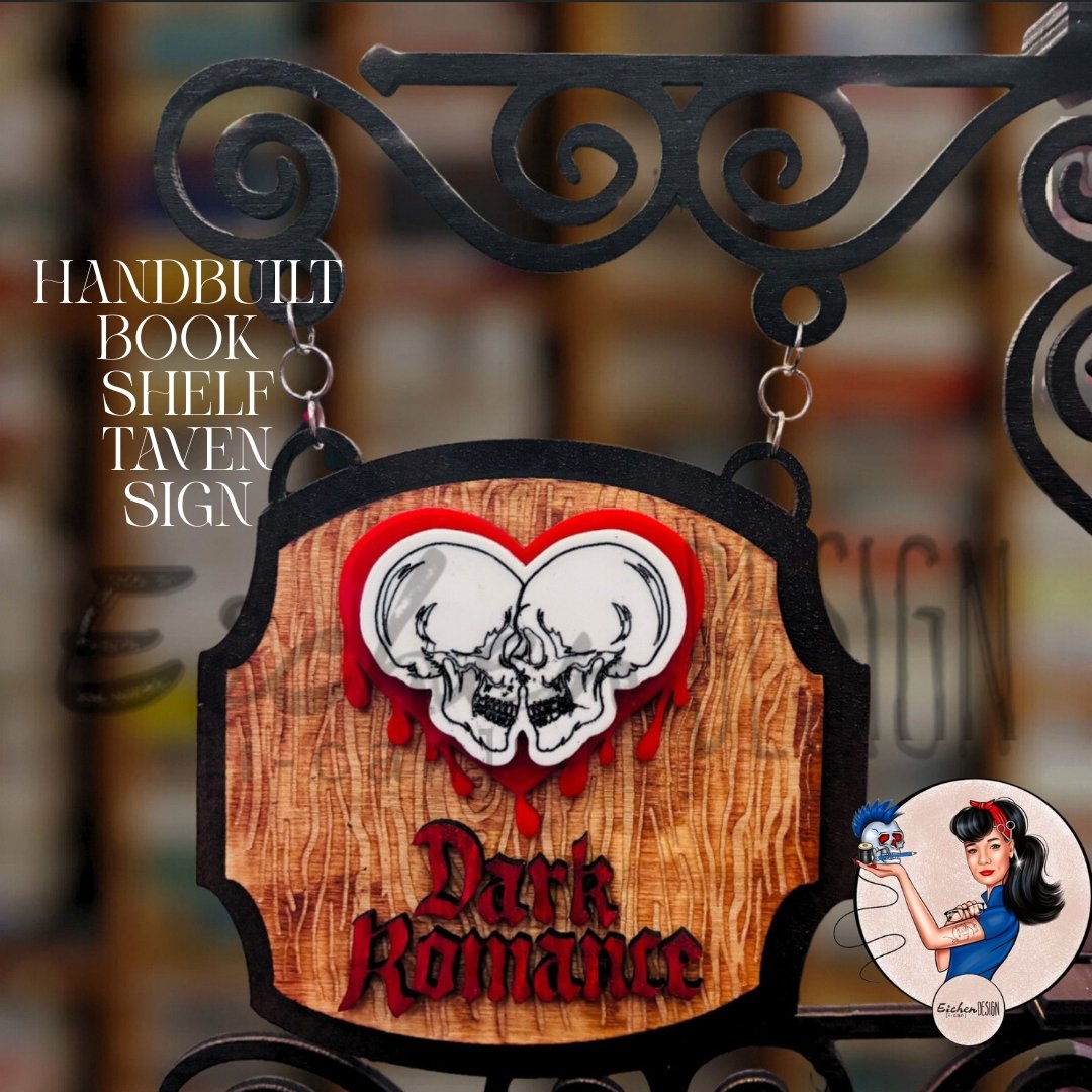 Bookshelf Tavern Sign - Dark Romance Skulls Bloody Heart Handbuilt (Copy)
