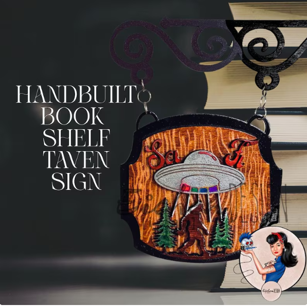 Bookshelf Tavern Sign - Sci Fi Bigfoot UFO