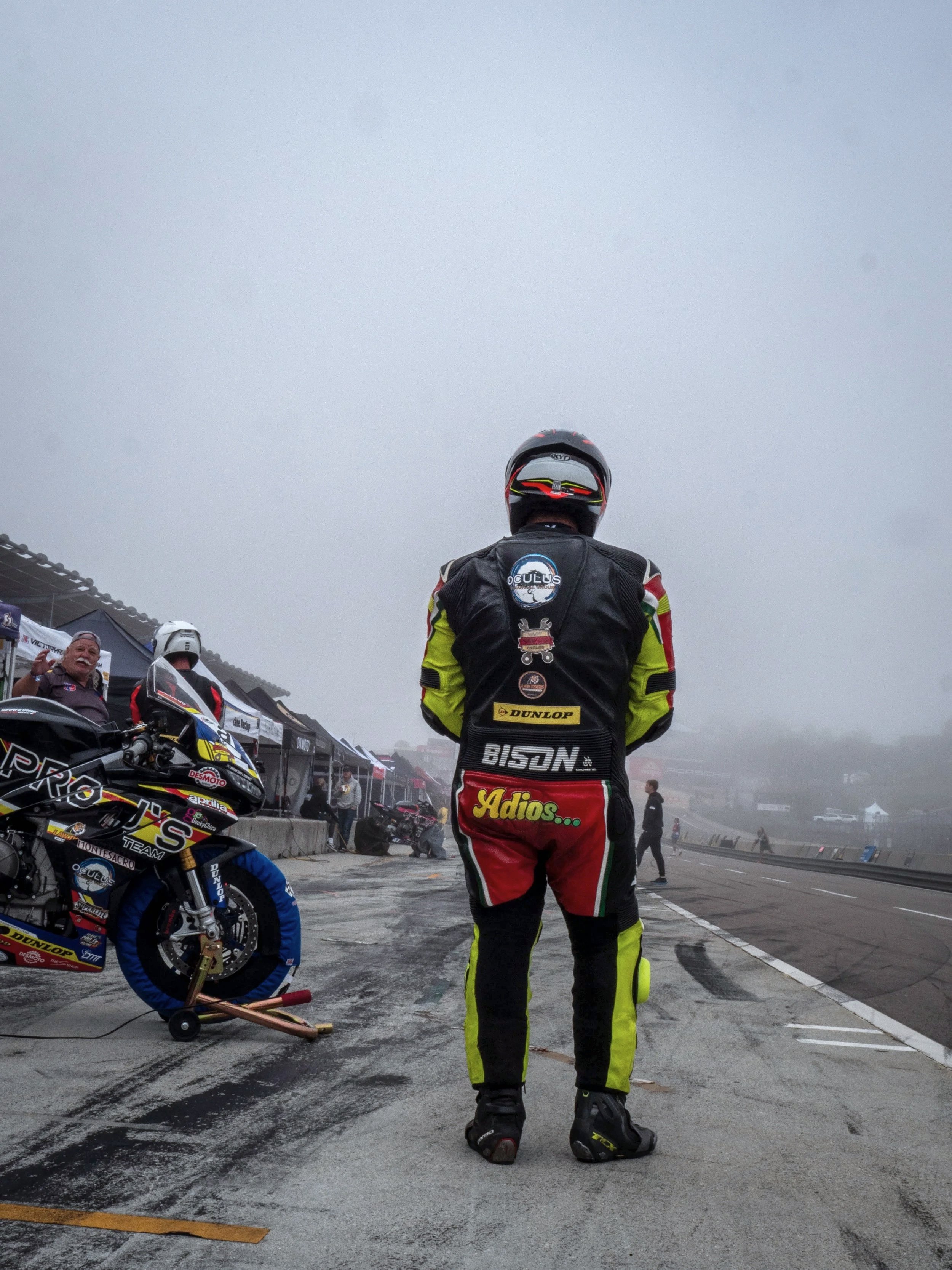 2025 July MotoAmerica Jose Flores Racer #129 for Team Pro J's Racing analyzing the track preparing to go out to practice before the race