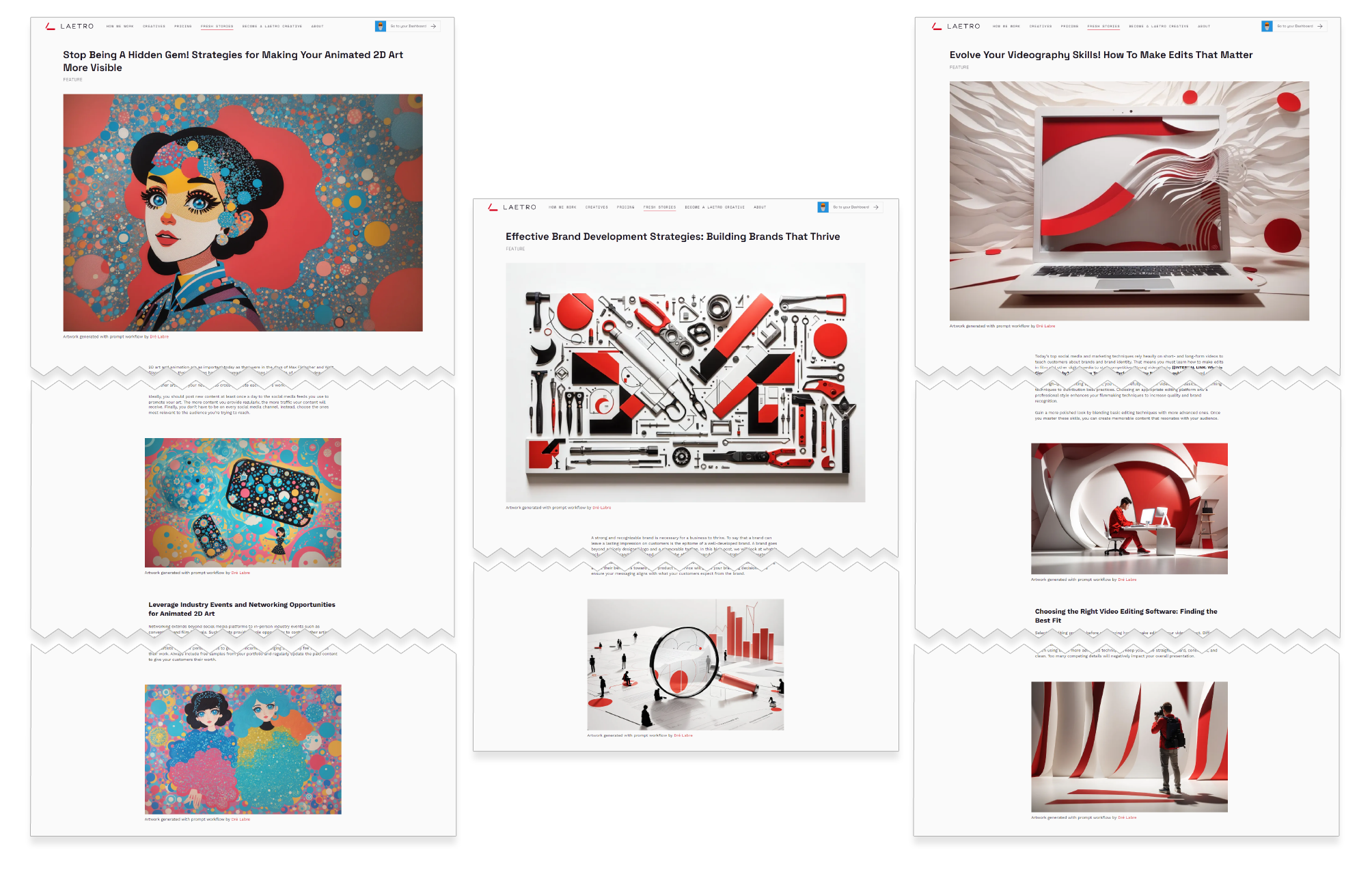 Screen grabs of the Laetro blog with ai-assisted imagery.