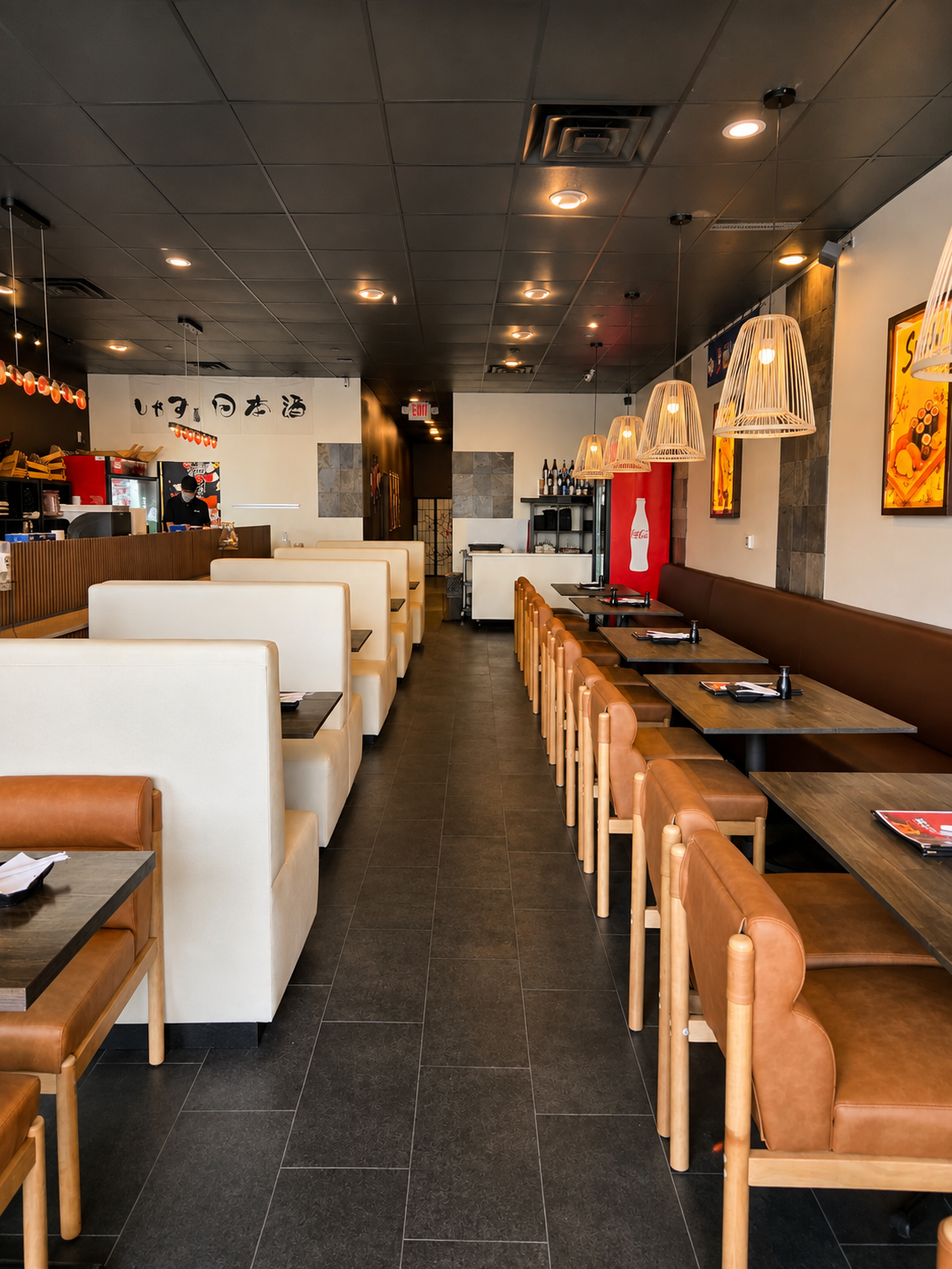 The newly renovated Sushi Ave dining room with warm wood seating