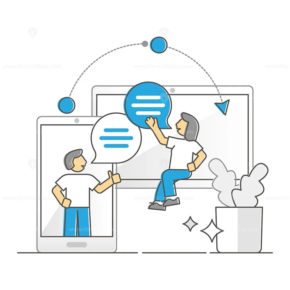 Illustration of two people communicating through devices, with speech bubbles and digital elements.