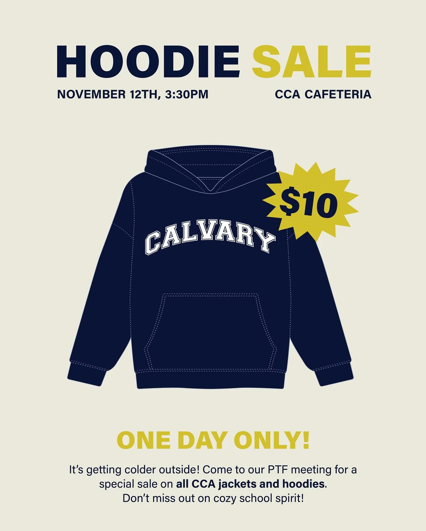 Join us for our upcoming PTF Meeting on November 12 at 3:30pm in the CCA Cafeteria!

🏷️ For one day only, CCA uniform hoodies will be on sale for $10! 

👕 The PTF will also be hosting a Uniform Swap where families can bring gently used uniforms and