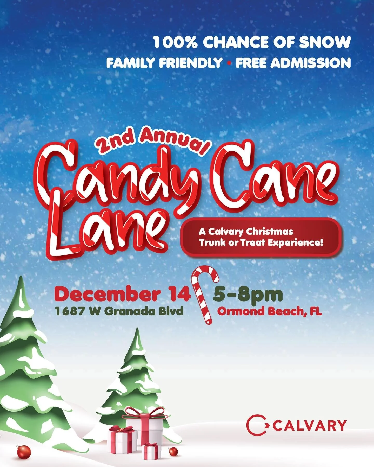 It&rsquo;s ✨December✨ already and you are invited to join us for Calvary&rsquo;s 2nd Annual Candy Cane Lane 🎄❄️

📍Calvary Ormond
December 14th from 5-8pm
(🌨️ 100% chance of snow!!) 

Bring the whole family for an evening of Christmas JOY🌟