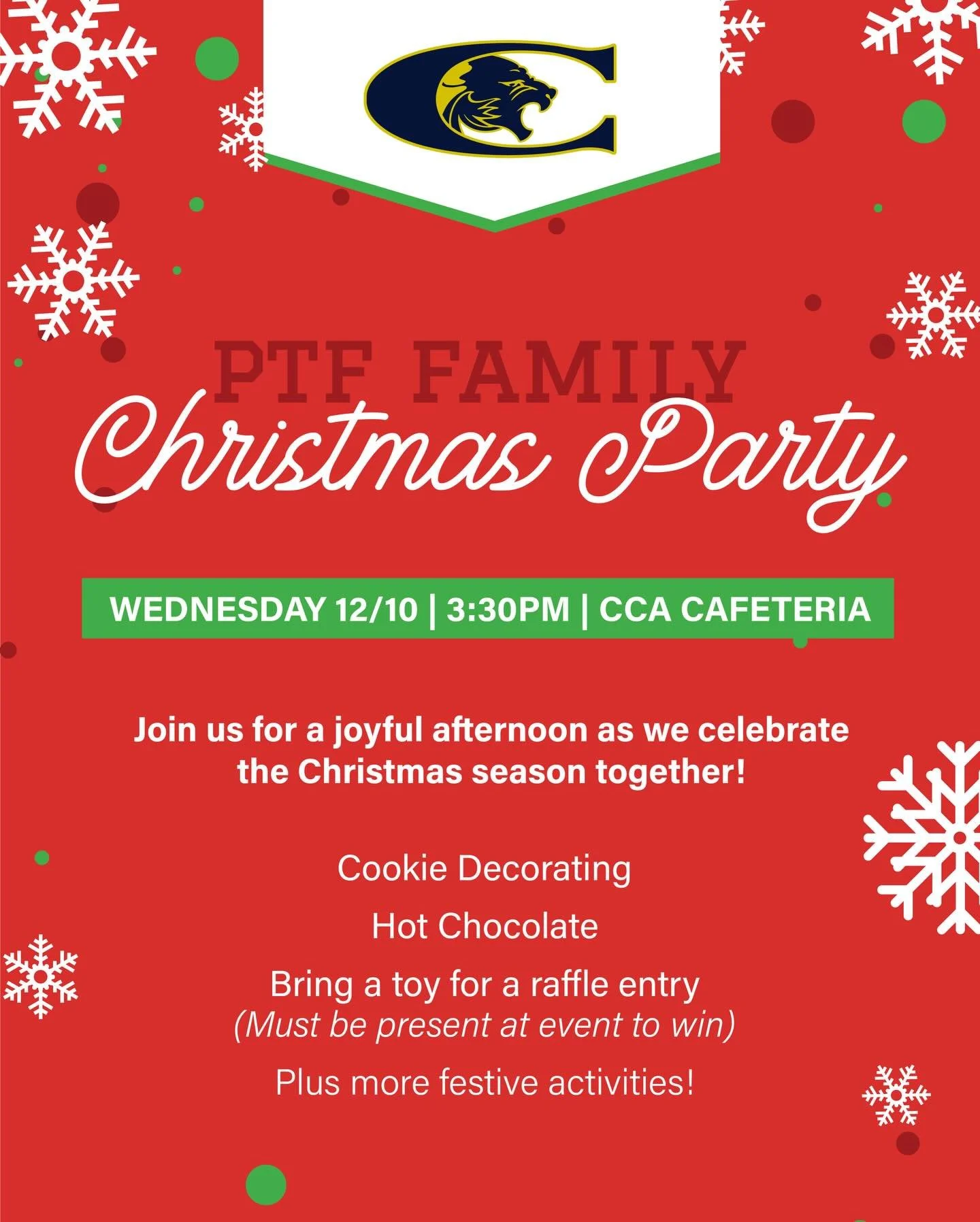 Let&rsquo;s kick off the Christmas season together! 🎄

Cookie decorating 🍪 &bull; Hot chocolate ☕ &bull; Raffle 🎁 &bull; Christmas cheer ✨

📅 Wed 12/10 | 3:30 PM | CCA Cafeteria

Bring a toy for a chance to win! 🎉

**RSVP is required by Monday 1
