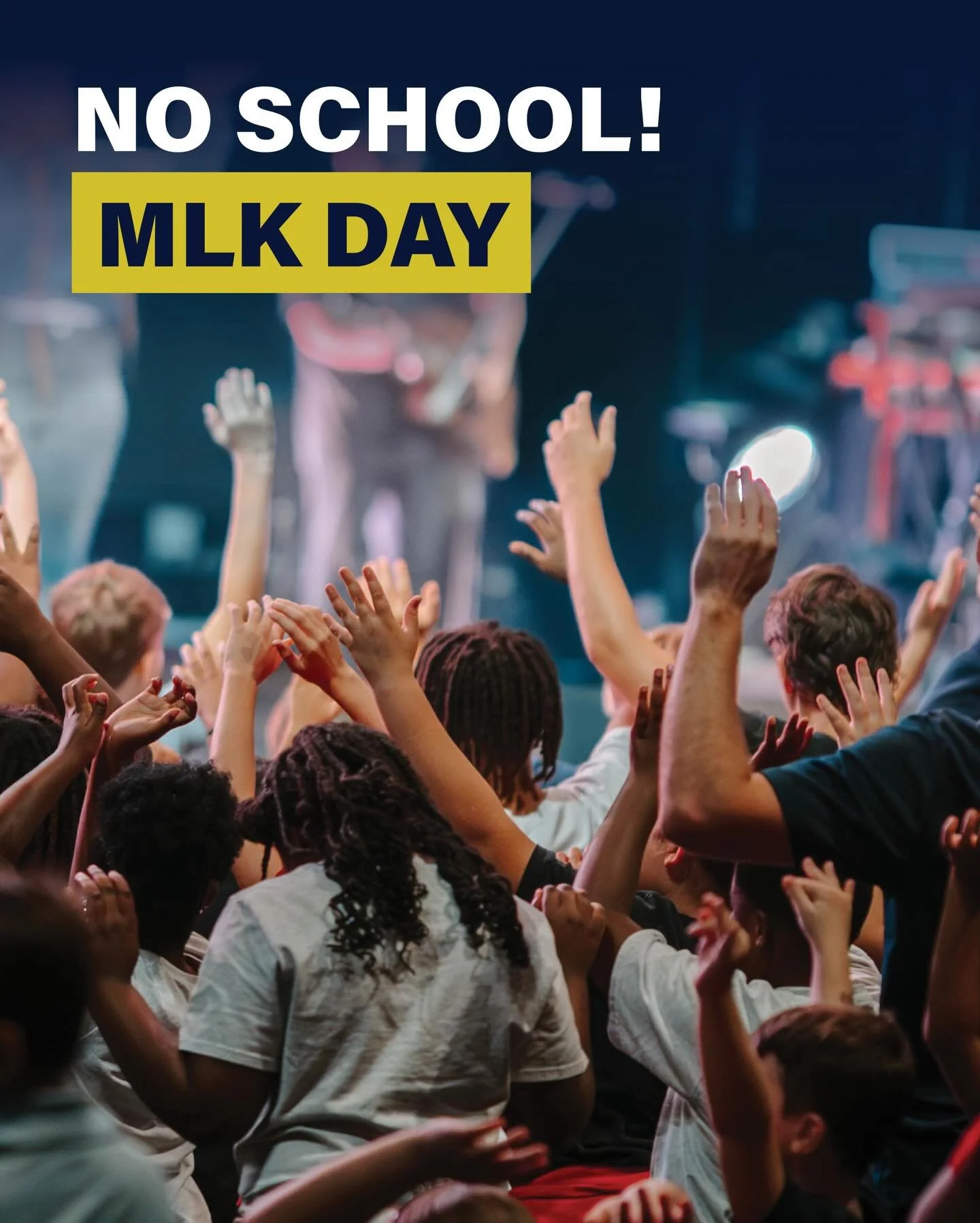 📣 No School &ndash; MLK Day!

Reminder: School will be closed Monday, January 19th, for Martin Luther King Jr. Day.

Enjoy your extra long weekend!

Classes resume Tuesday, January 20th.