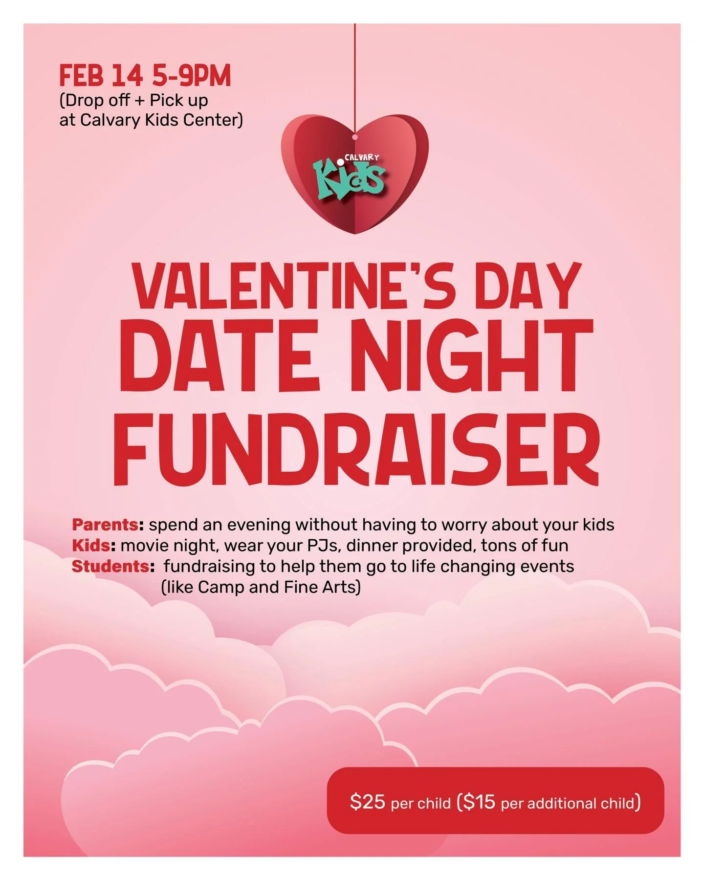 Valentine&rsquo;s Day plans? 💖 We&rsquo;ve got you covered!

Kids get movies, PJs, dinner, and fun&hellip;parents get a night out!

All while supporting our students going to camp &amp; Fine Arts 🙌

📅 Feb 14 | 5&ndash;9PM
💲 $25 per child ($15 per