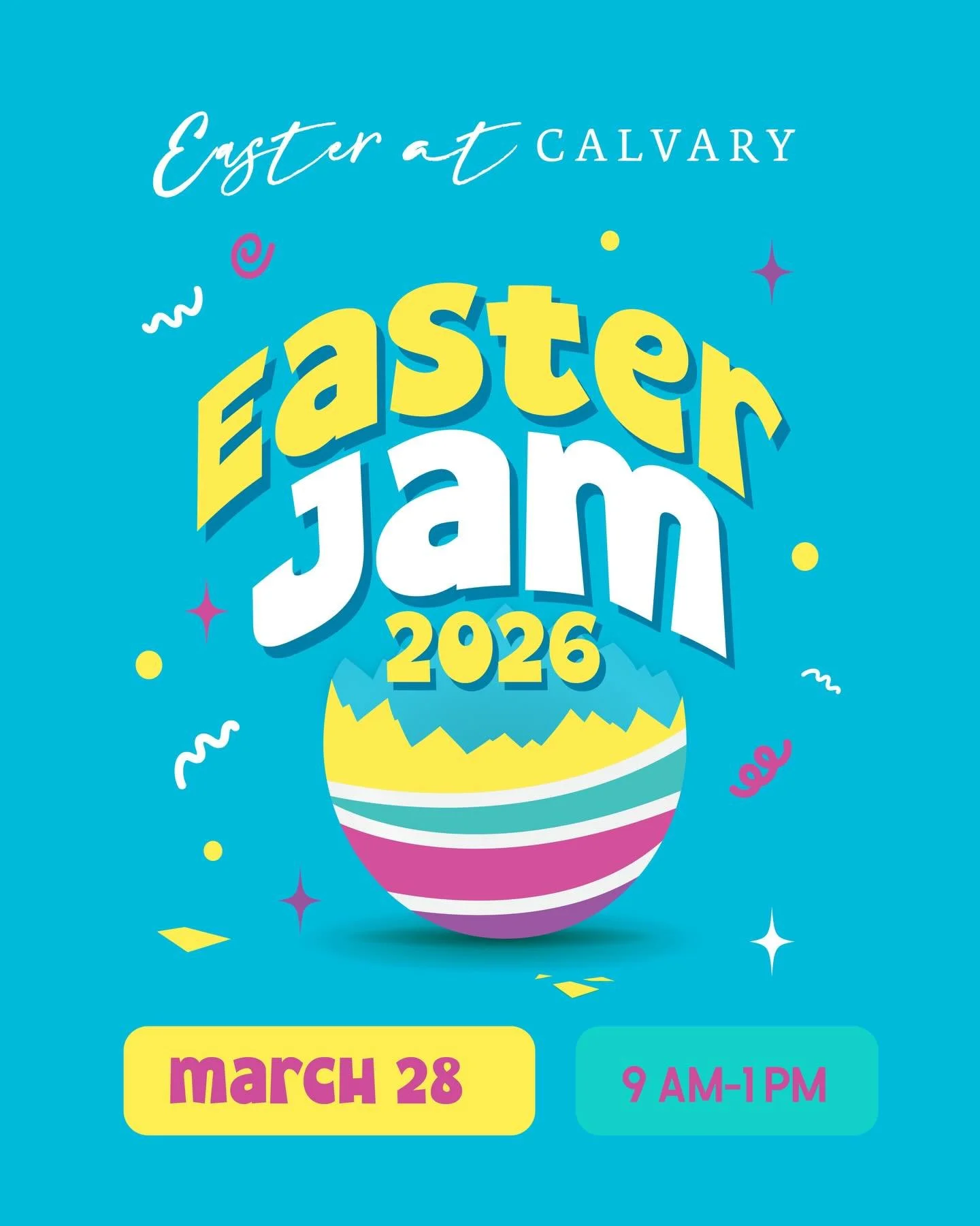 NEXT WEEK is our Easter Jam at Calvary Ormond!

There&rsquo;s no other event like this one! Bring your friends and family to celebrate Easter.

&bull; Helicopter Egg Drop!!
&bull; Inflatables
&bull; Food Trucks
&bull; Petting Zoo
&bull; Toddler Hunt 
