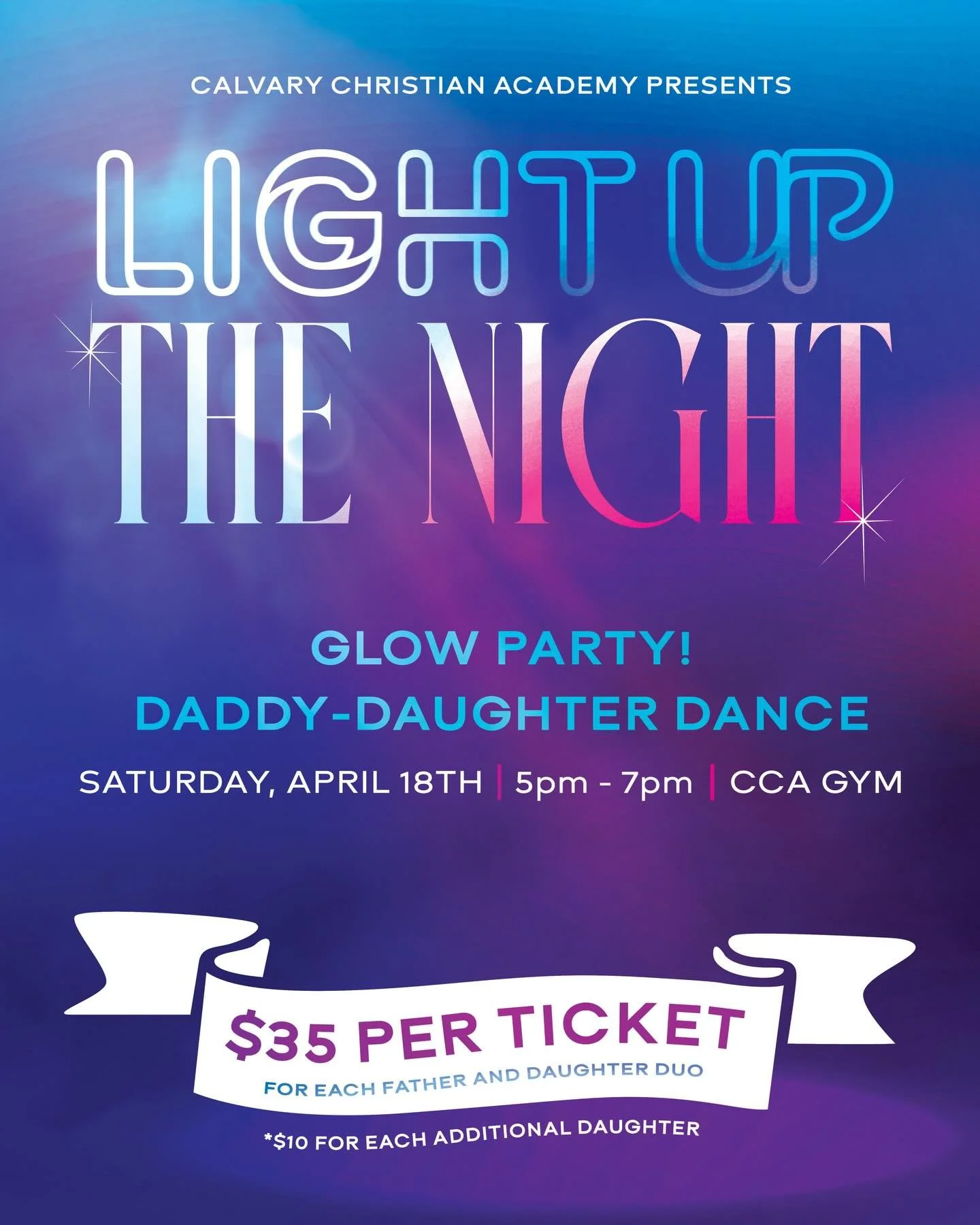 ✨ LIGHT UP THE NIGHT ✨

Join us for an unforgettable evening at Calvary Christian Academy&rsquo;s Annual Daddy-Daughter Dance 💜

Dads, bring your daughters and get ready for a night full of music, dancing, and special memories under the glow lights!