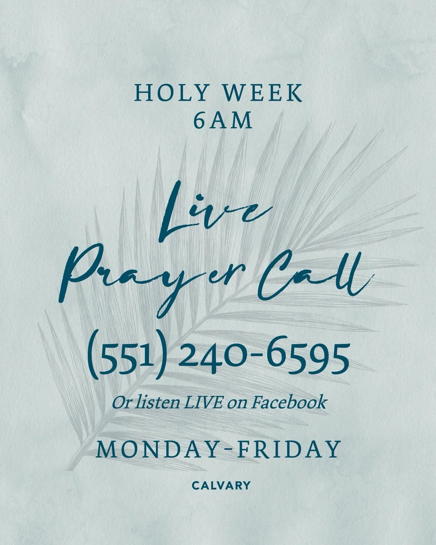 CCA families, we would love to invite you to start your mornings with us during Holy Week 🤍

Join our Live Prayer Call at 6 AM, Monday through Friday, with our very own Apostle &amp; Pastor Dawn Raley.

Whether you call in or listen on Facebook (Cal