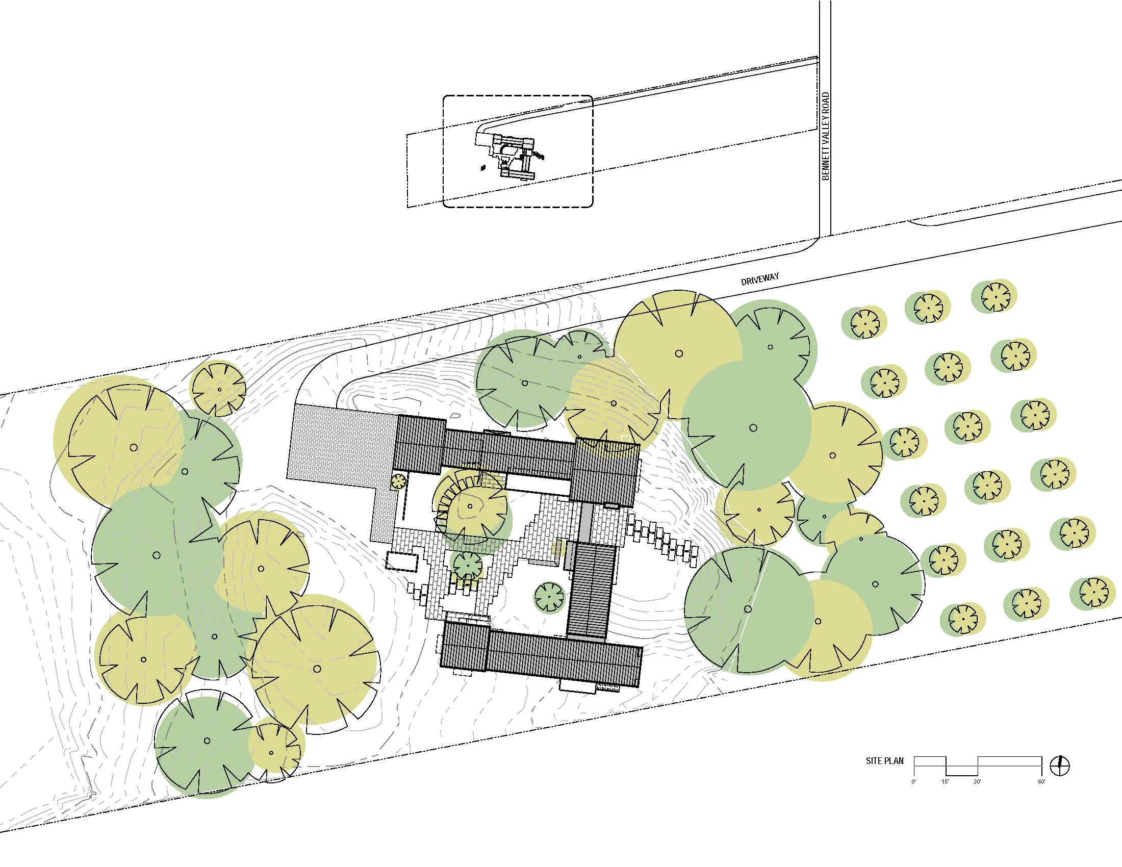 architectural site landscaping plan of modern sonoma county residence on a rural bennett valley property surrounded by trees