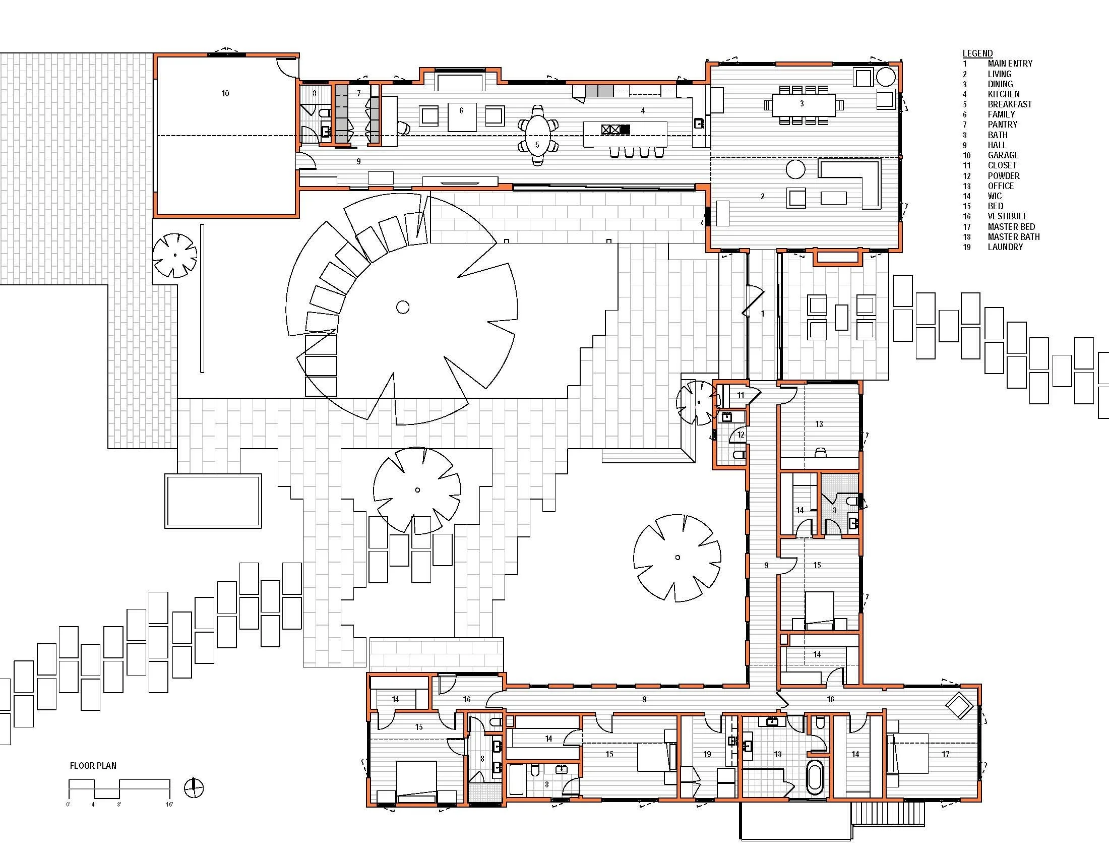 architectural floor plan drawing with orange poche of modern sonoma county residence with central courtyard pavers and two wings connected by glazed walkway