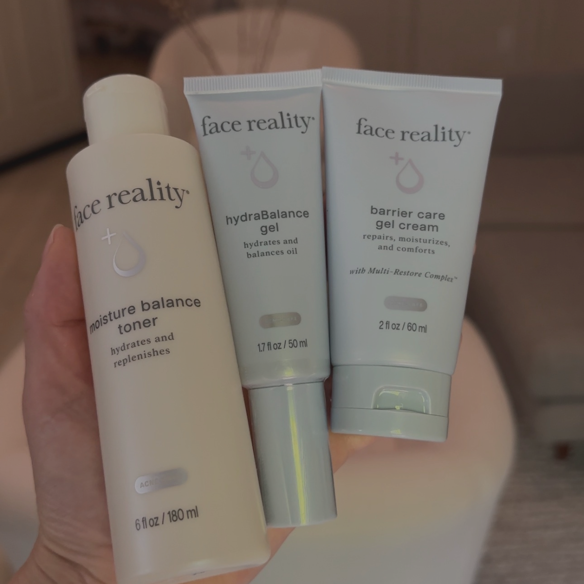 Three skincare products showing a hydrating toner, water-based serum, and barrier-supportive moisturizer for a hydration-focused routine.