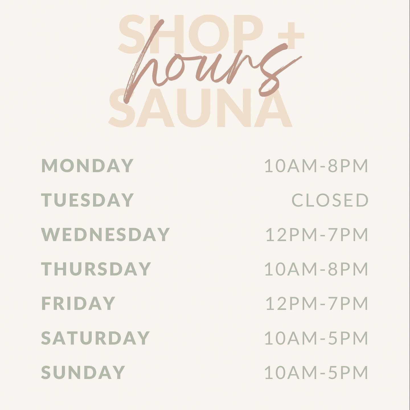 NEW SHOP + SAUNA HOURS✨
You now have more morning/afternoon/evening hours and longer weekend hours to come shop and sauna with us and I hope you&rsquo;re as excited as we are! 🙌🏻 

*We still offer services outside of these hours &mdash; the hours i