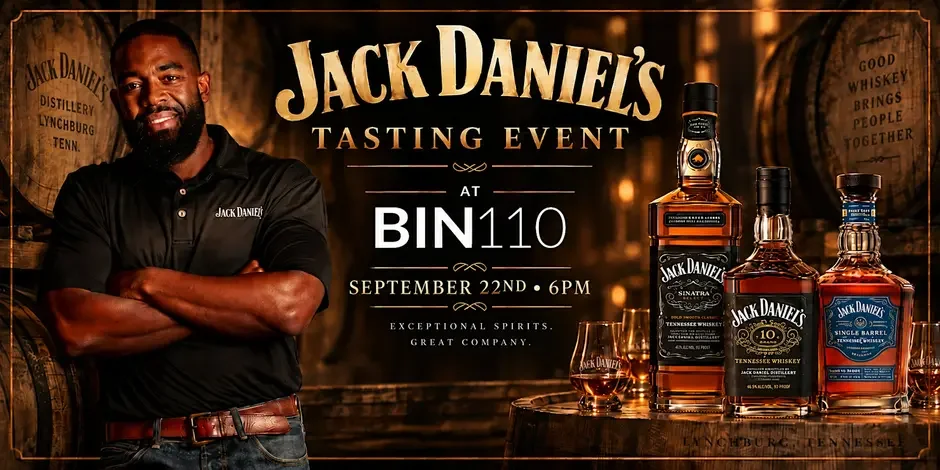 Elevated Jack Daniel's tasting event graphic at Bin 110 in Cornelius, NC with Ambassador Byron Copeland.