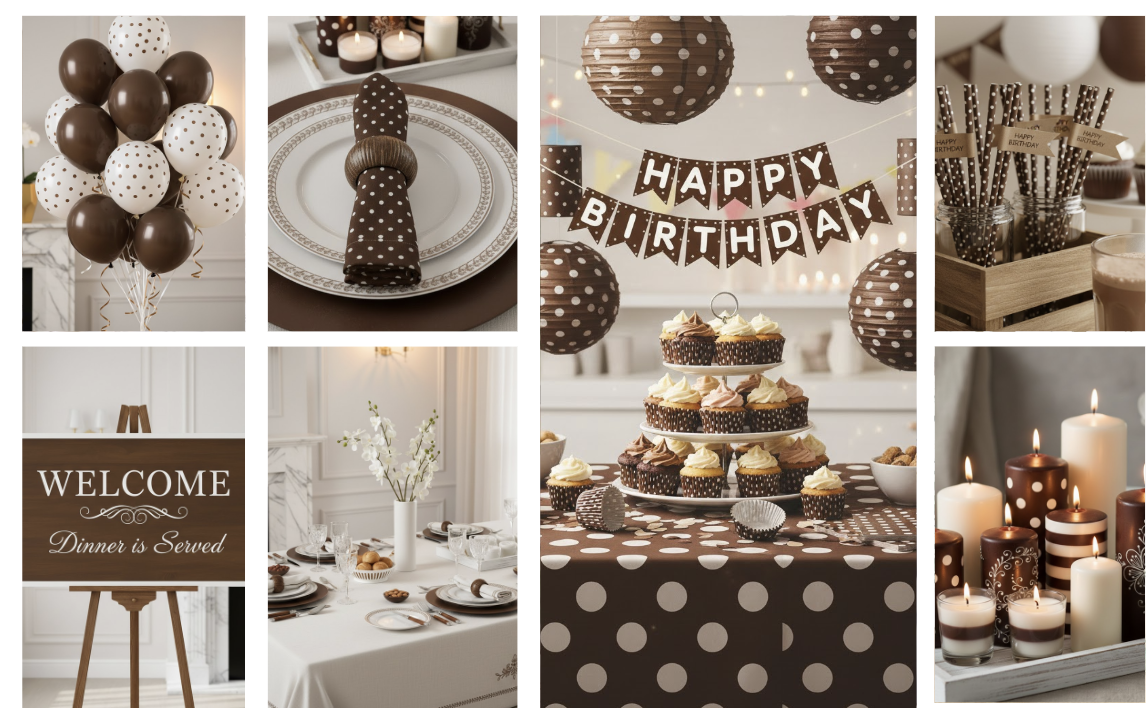 Planche d'inspiration pâtisserie cupcakes marron à pois, chocolat et décorations.