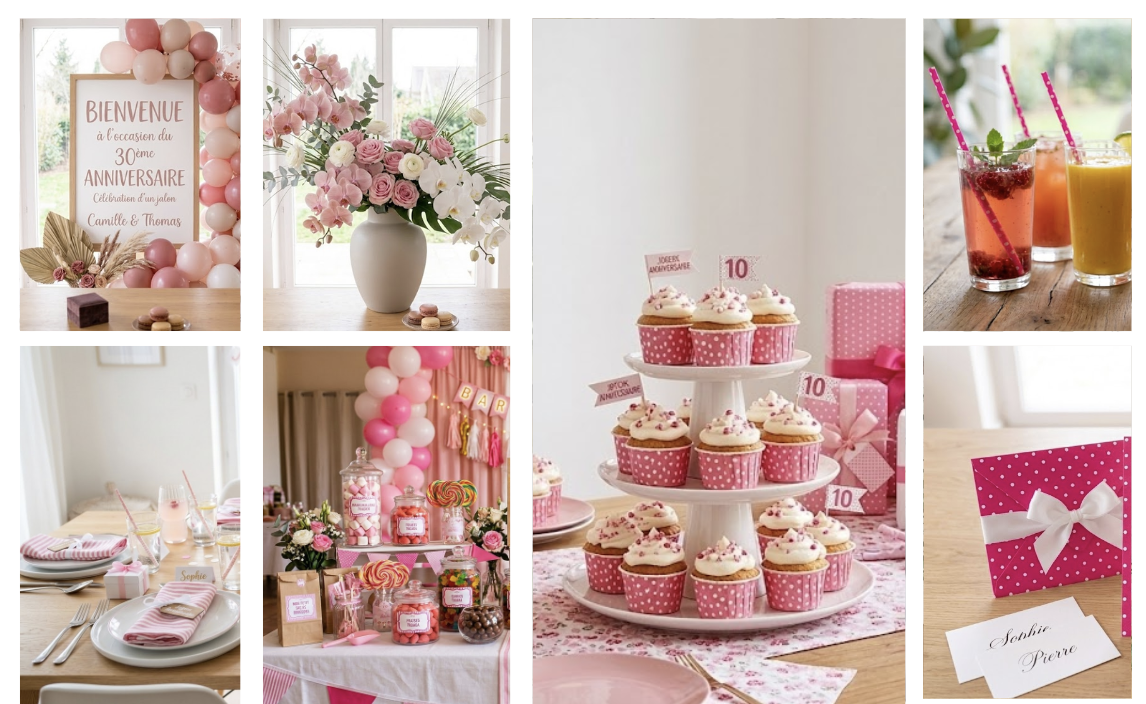 Planche d'inspiration pâtisserie thème princesse et romantique avec cupcakes roses à pois et fleurs en sucre.