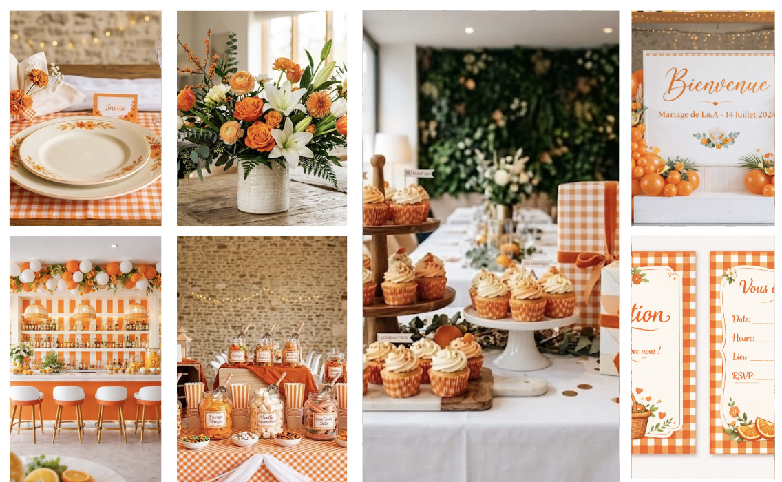 Planche d'inspiration pâtisserie thème champêtre et pique-nique avec cupcakes à carreaux orange.