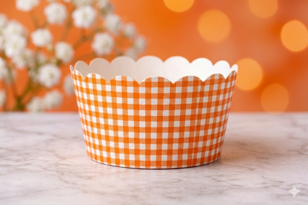 Caissette en papier à carreaux vichy orange et blanc Bleekcup's pour cuisson de muffins