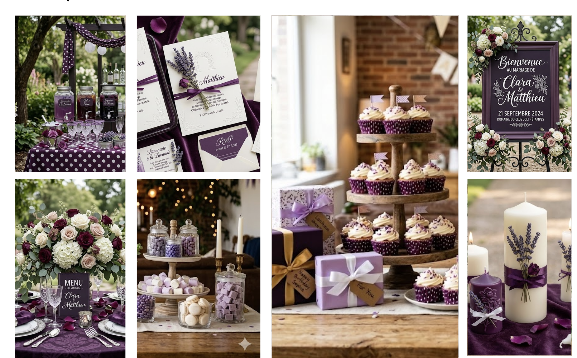 Planche d'inspiration pâtisserie thème magie et galaxie avec cupcakes violets à pois.