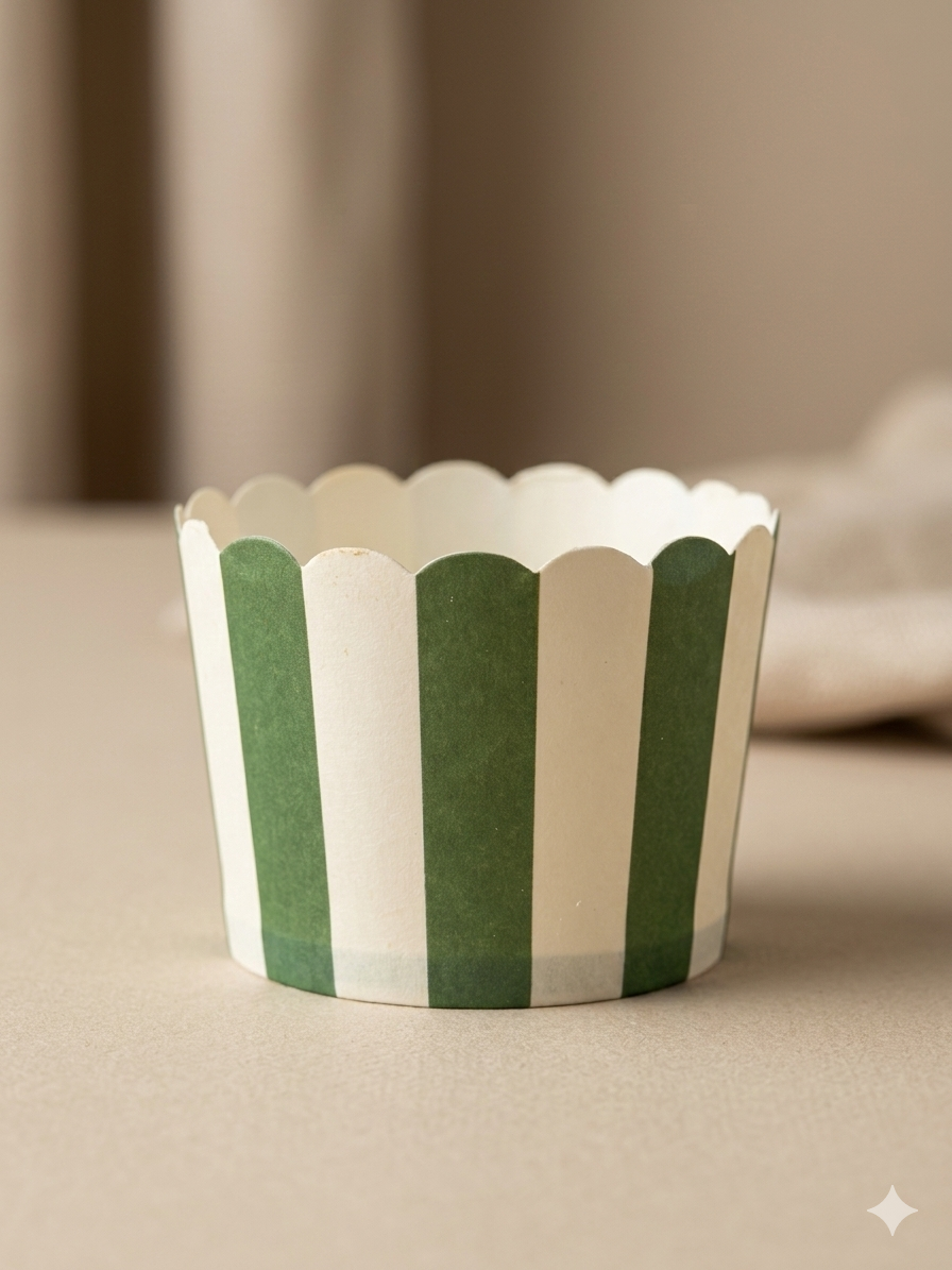 Caissette en papier à rayures verticales vertes et blanches Bleekcup's pour la cuisson de cupcakes.