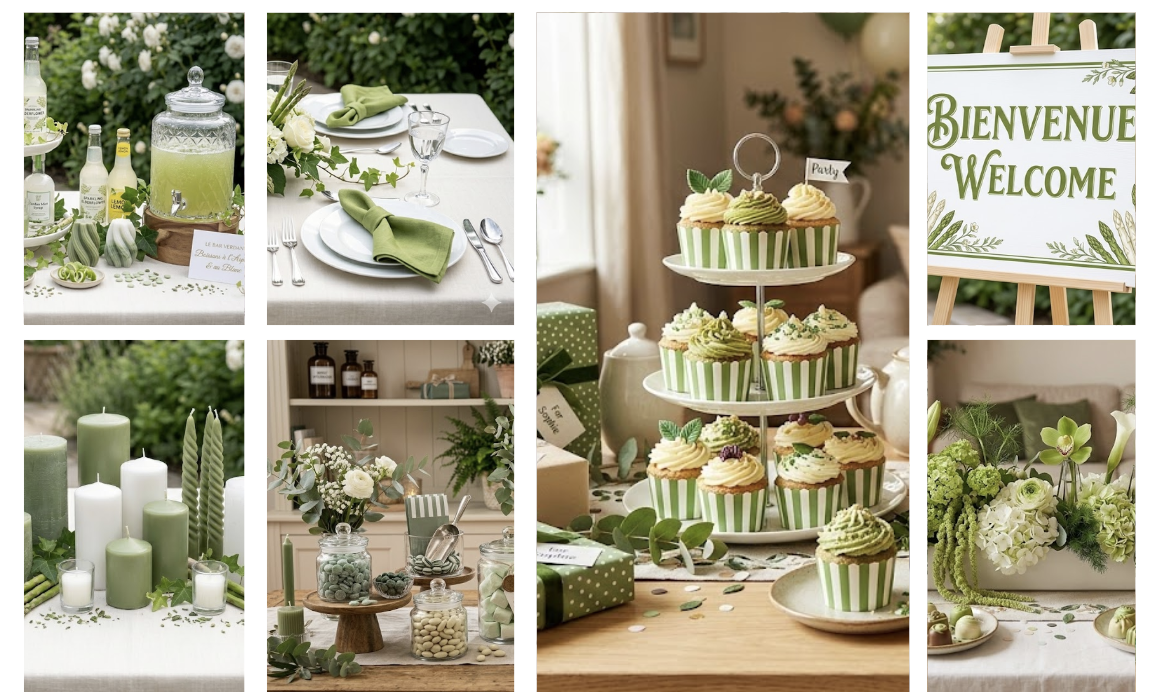 Planche d'inspiration pâtisserie thème sport et jardin avec cupcakes rayés verts et accessoires de fête assortis.