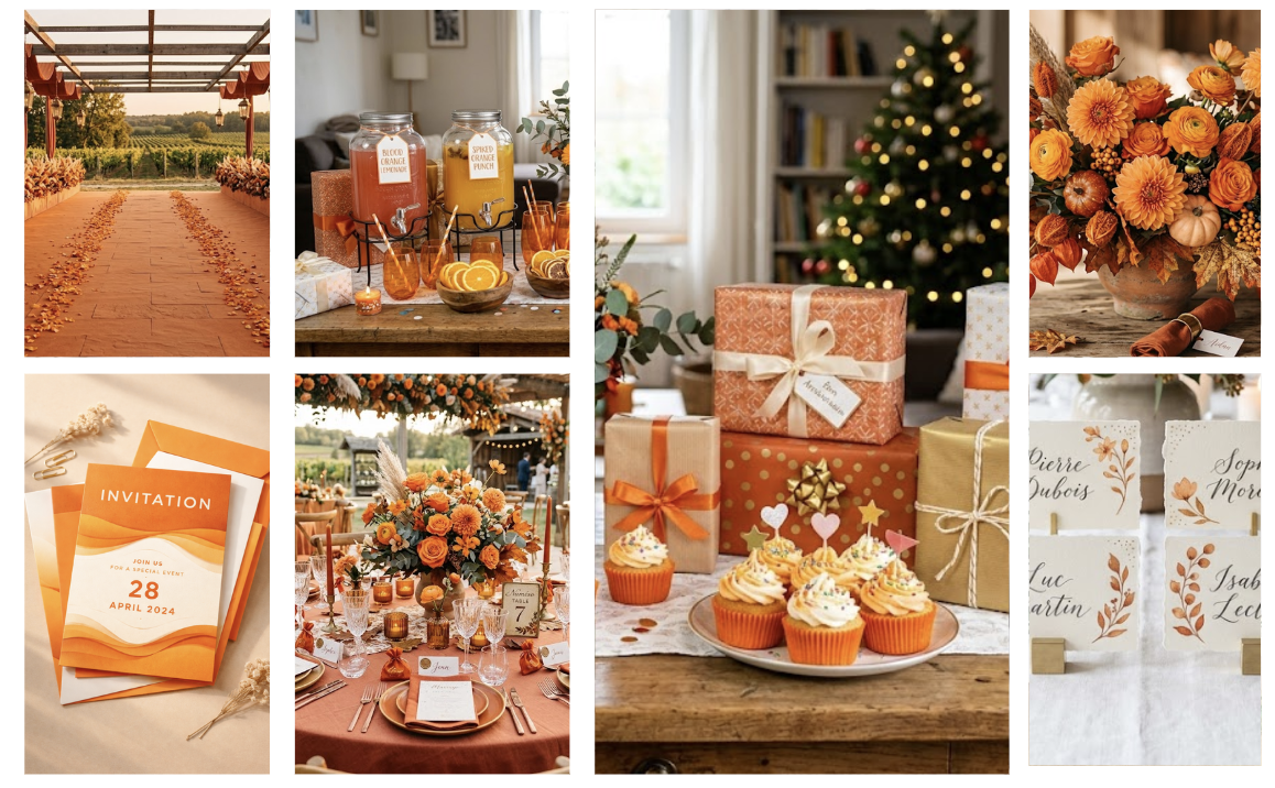 Planche d'inspiration pâtisserie thème automne avec cupcakes orange unis.
