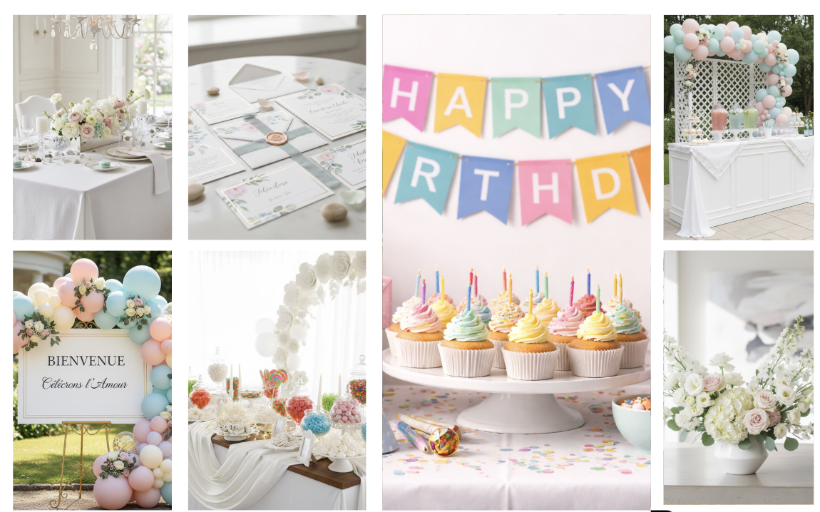 Planche d'inspiration pâtisserie fête chic avec cupcakes blancs épurés et décorations colorées..