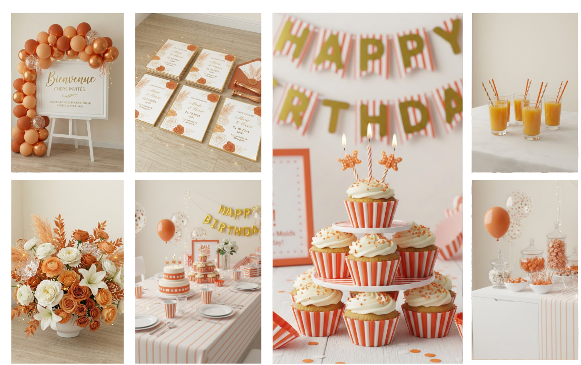Planche d'inspiration pour fête avec cupcakes orange rayés et décorations festives.