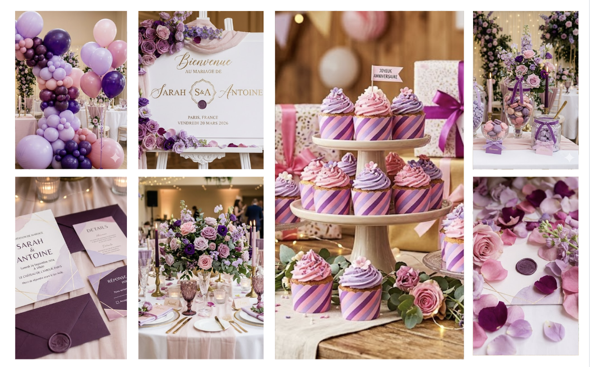 Planche d'inspiration pâtisserie avec cupcakes rayés roses et violets.