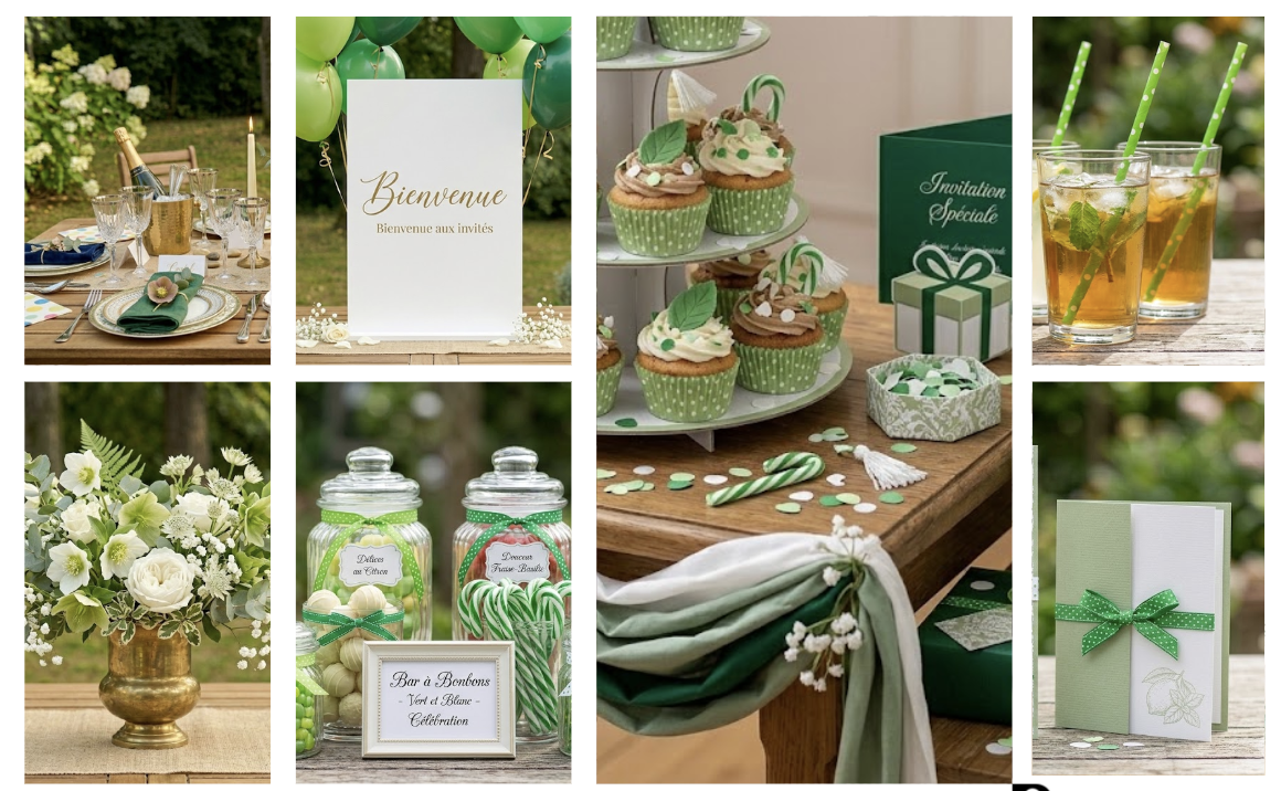 Planche d'inspiration pâtisserie thème nature et jungle avec cupcakes verts à pois.