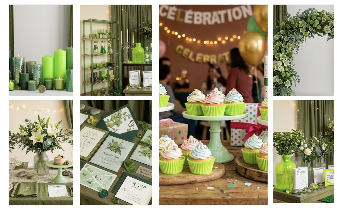 Planche d'inspiration pâtisserie avec cupcakes vert et décorations.
