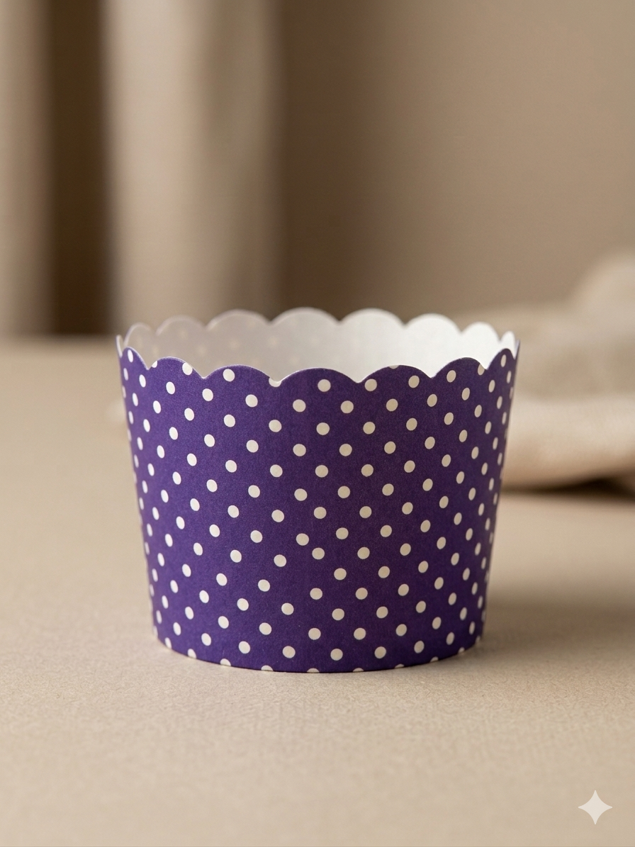 Caissette en papier violet foncé à petits pois blancs Bleekcup's pour la cuisson de cupcakes.