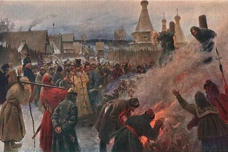 The burning of the Old Believer leader Avvakum (Petrov) in 1682.